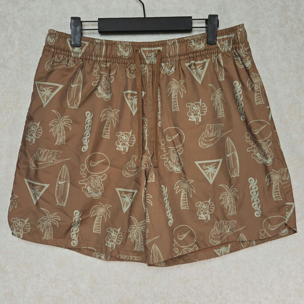 Nike Mens Medium Brown Tropical Print Swim Trunks Palm Surf Drawstring Shorts